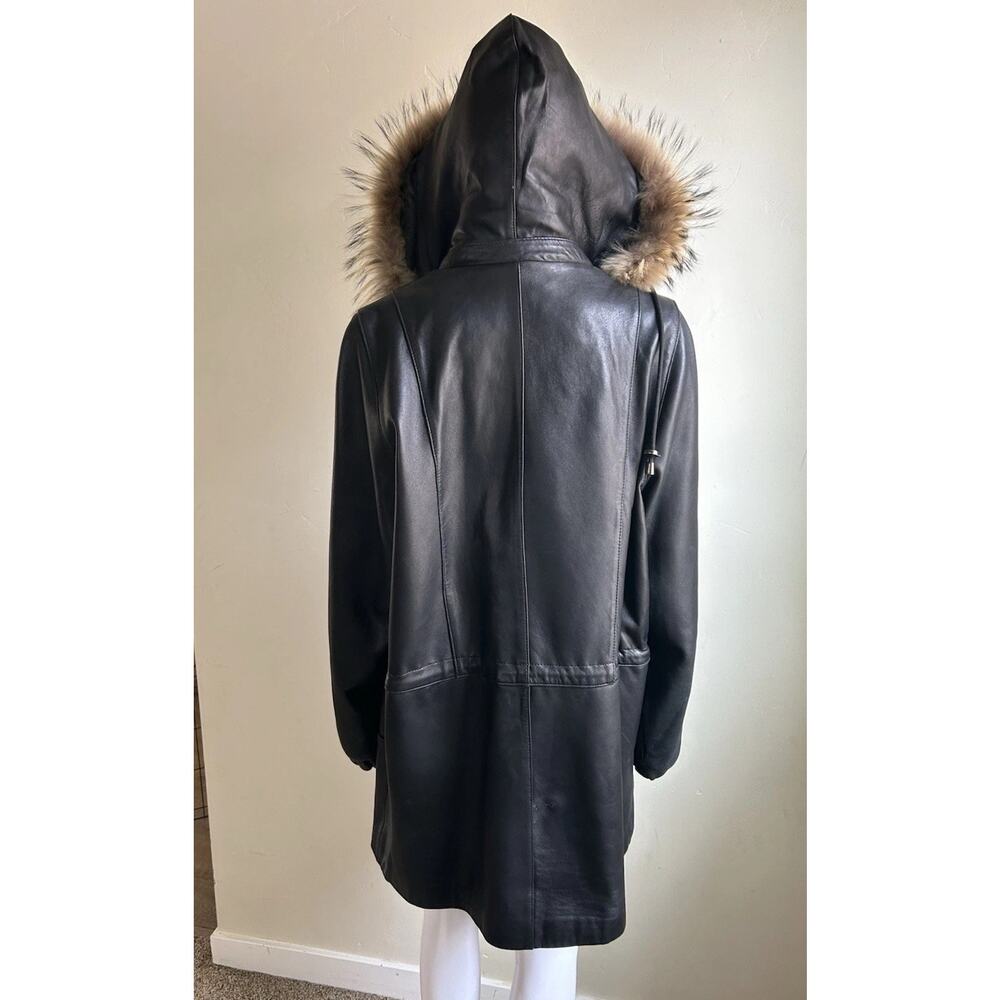 Vintage Worthington Lambskin Leather Parka Women M Raccoon Fur Hood Black Y2K - Picture 9 of 16